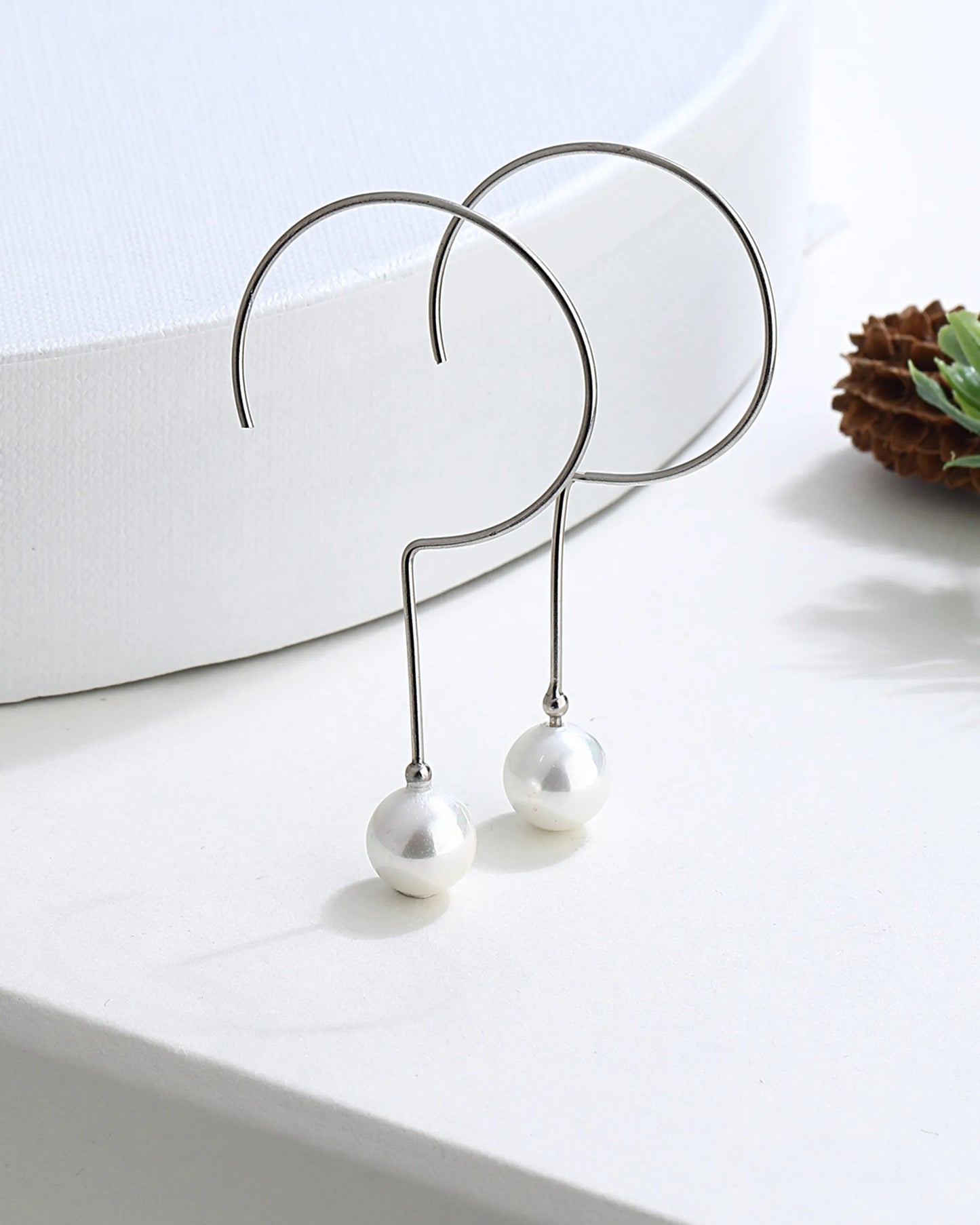 Modern Silver C Shape Drop Pearl Earrings