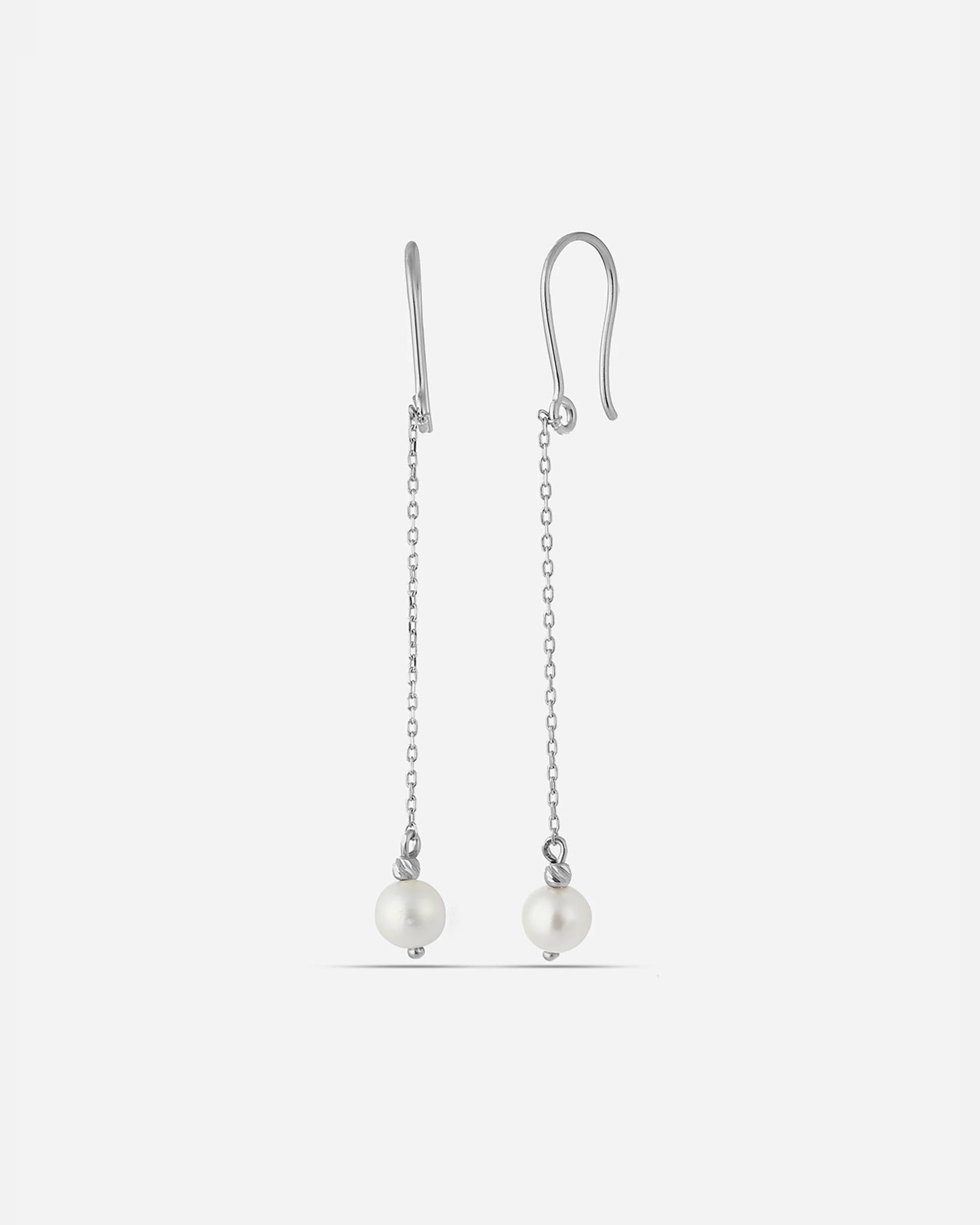 Modern Silver Long Pearl Drop Earrings