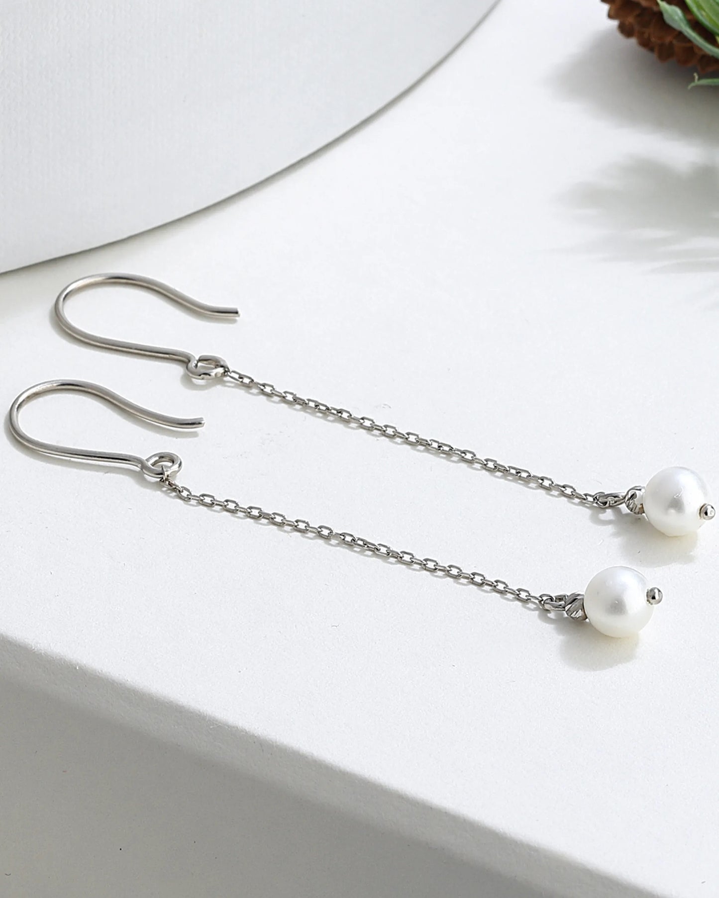 Modern Silver Long Pearl Drop Earrings