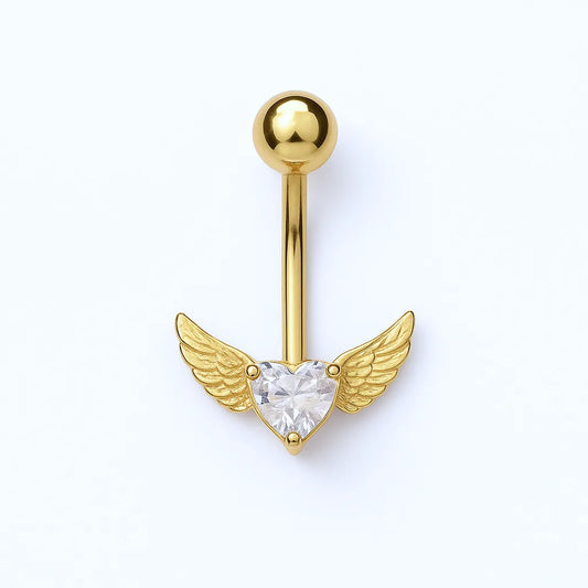 Gold Surgical Steel Crystal Heart Angel Wing Belly Button Piercing