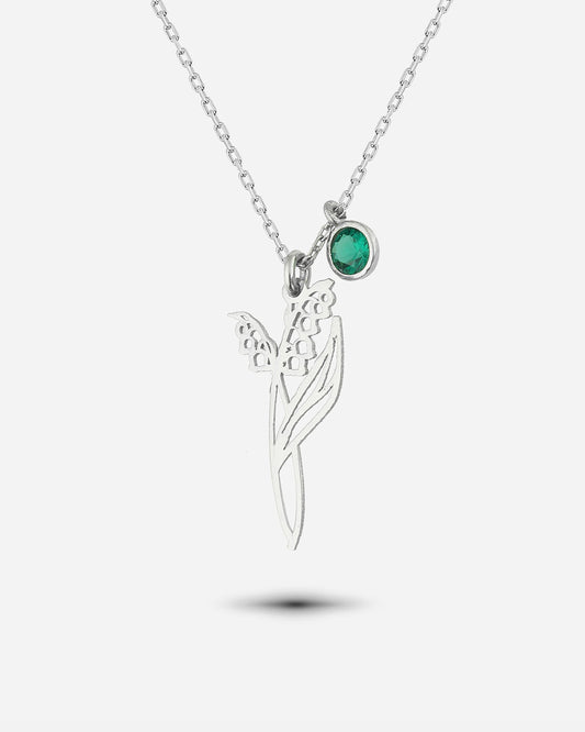 Classic Silver May Birth Flower Lily of the Valley Emerald Necklace