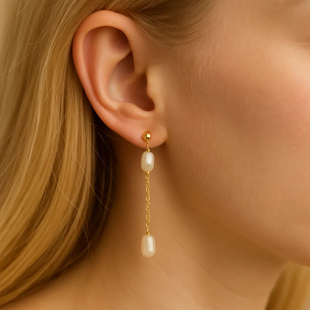 Fleur Céleste Chain Double Pearl Drop Earrings
