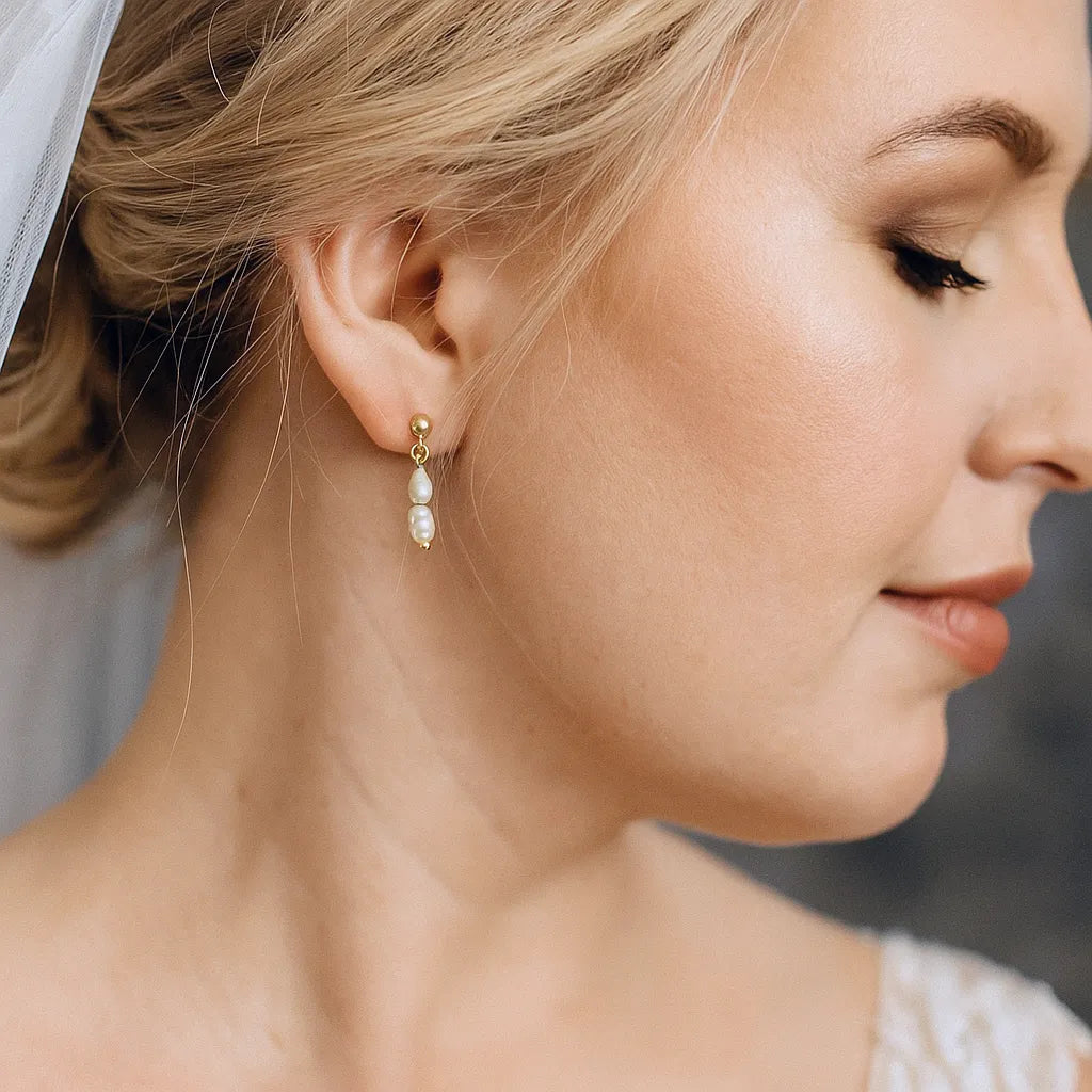 Fleur Céleste Stud Double Pearl Drop Earrings