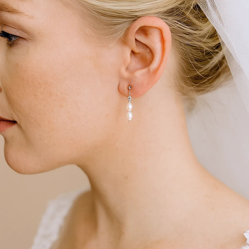 Fleur Céleste Silver Stud Double Pearl Drop Earrings
