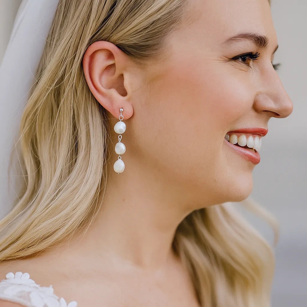 Reine Perla Silver Stud Three Pearl Drop Earrings