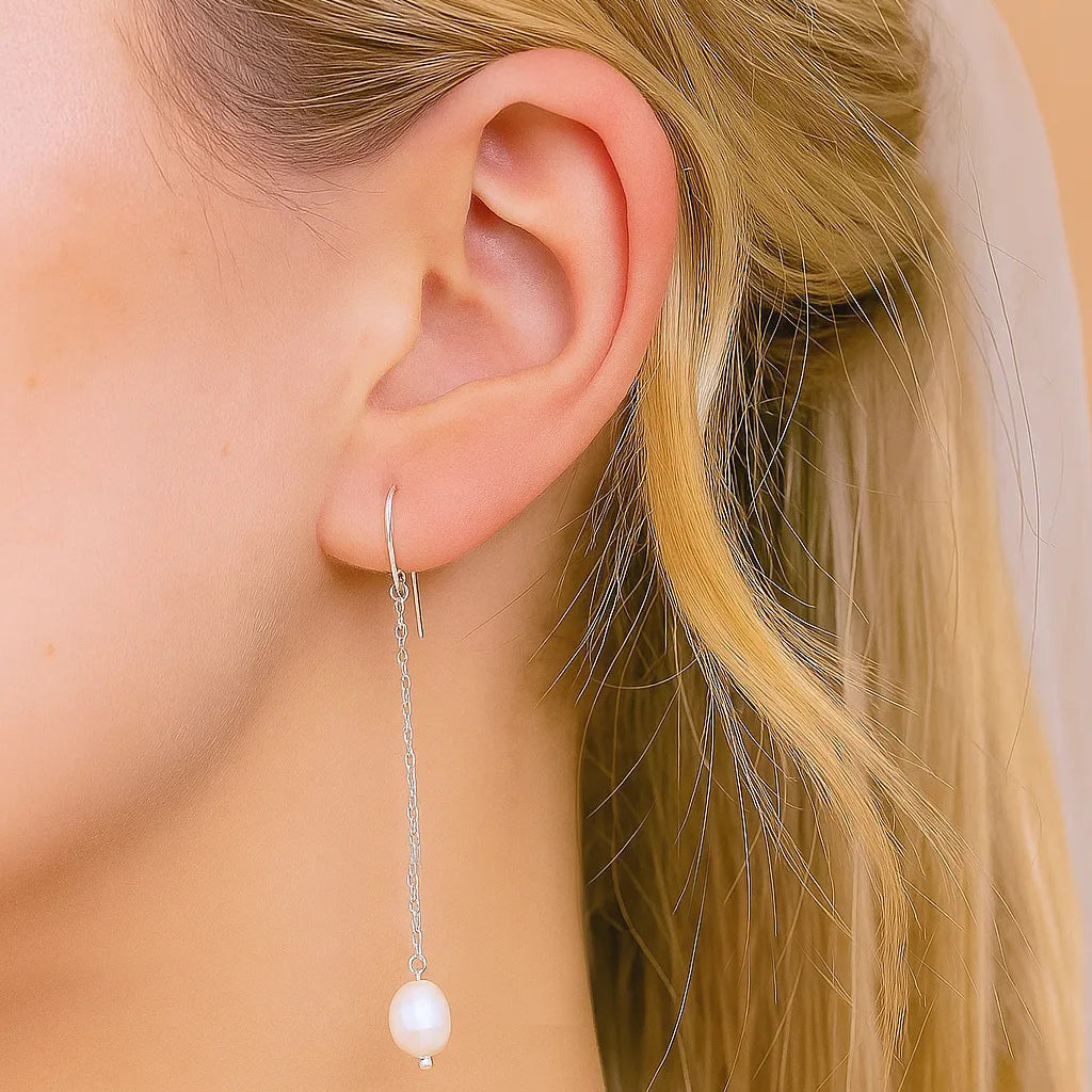 Silva Opale Silver Long Pearl Drop Earrings