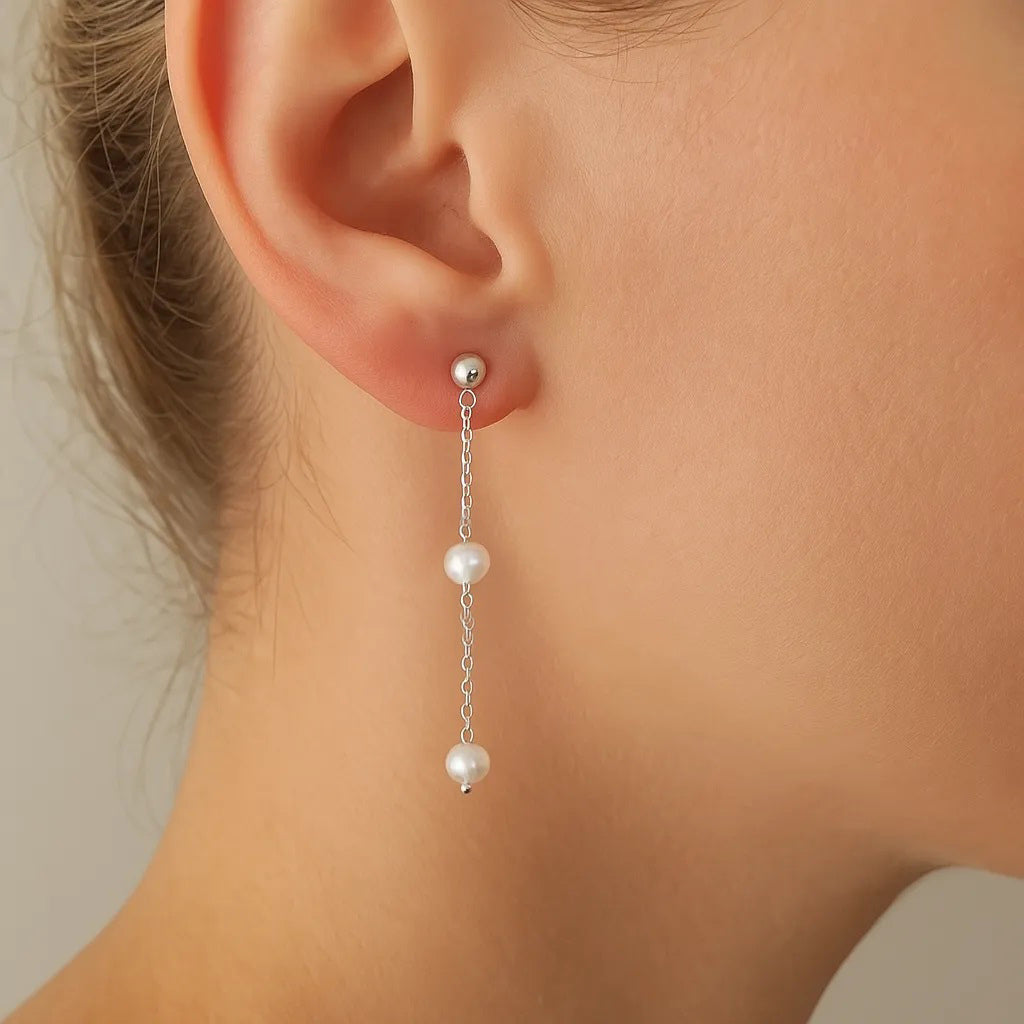 Douce Nuit Silver Long Chain Pearl Drop Earrings