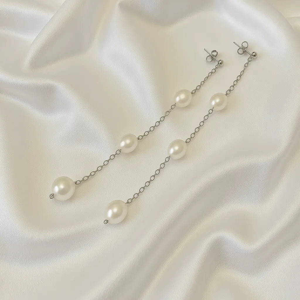 Vent Saphir Silver Stud Long Three Pearl Drop Earrings
