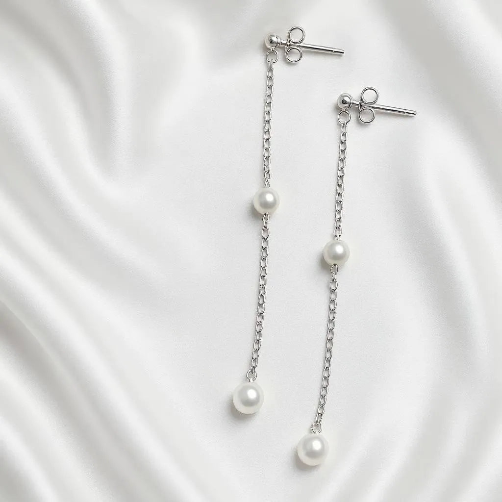 Douce Nuit Silver Long Chain Pearl Drop Earrings