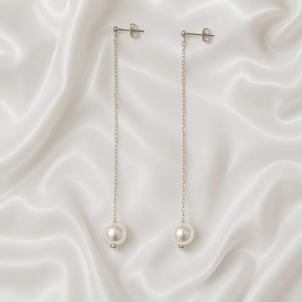 Douce Nuit Silver Stud Long Pearl Drop Earrings