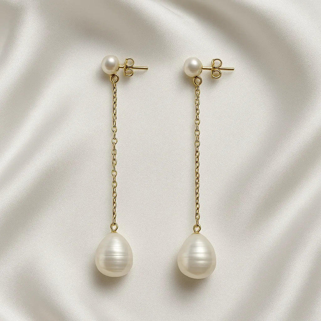 Silva Opale Long Chain Double Pearl Stud Earrings