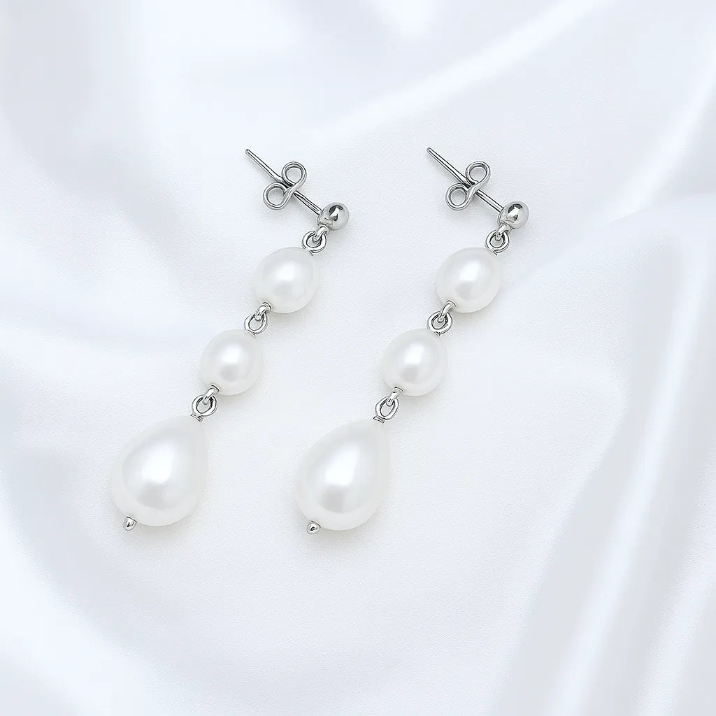Reine Perla Silver Stud Three Pearl Drop Earrings