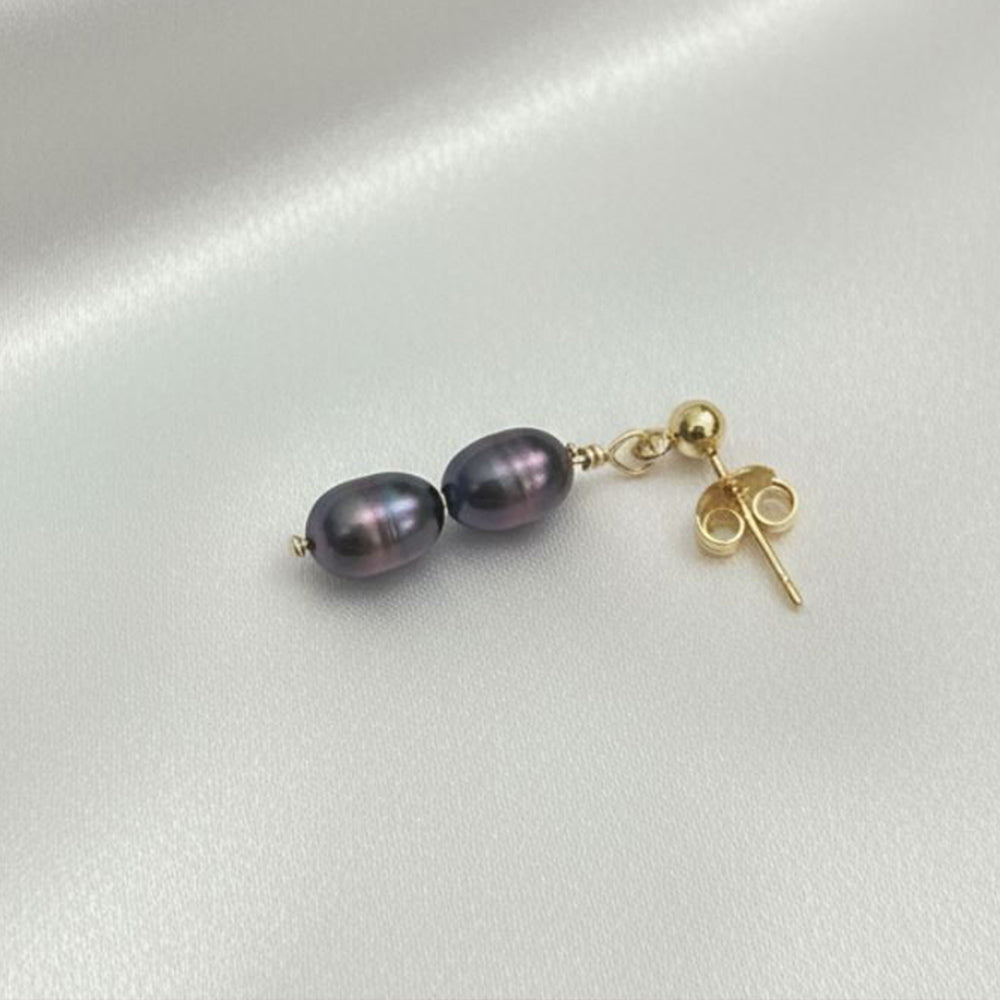 Fleur Céleste Stud Black Double Pearl Drop Earrings