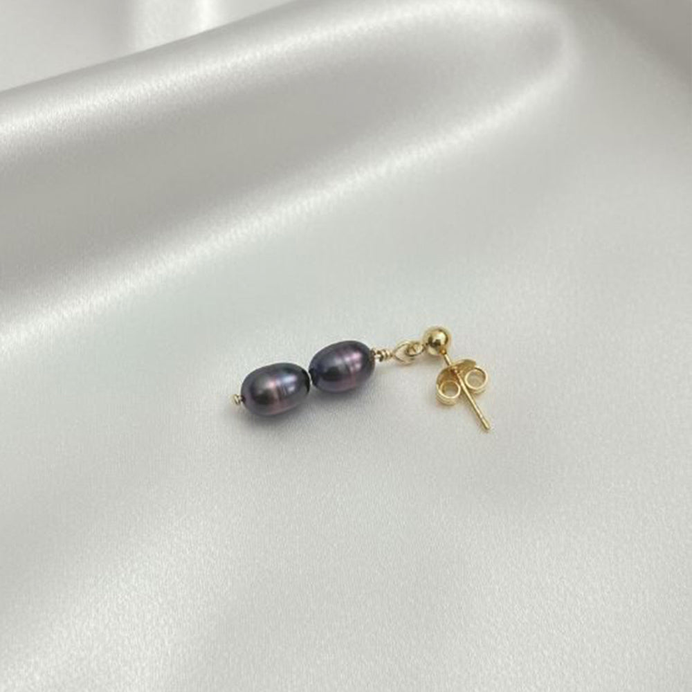 Fleur Céleste Stud Black Double Pearl Drop Earrings