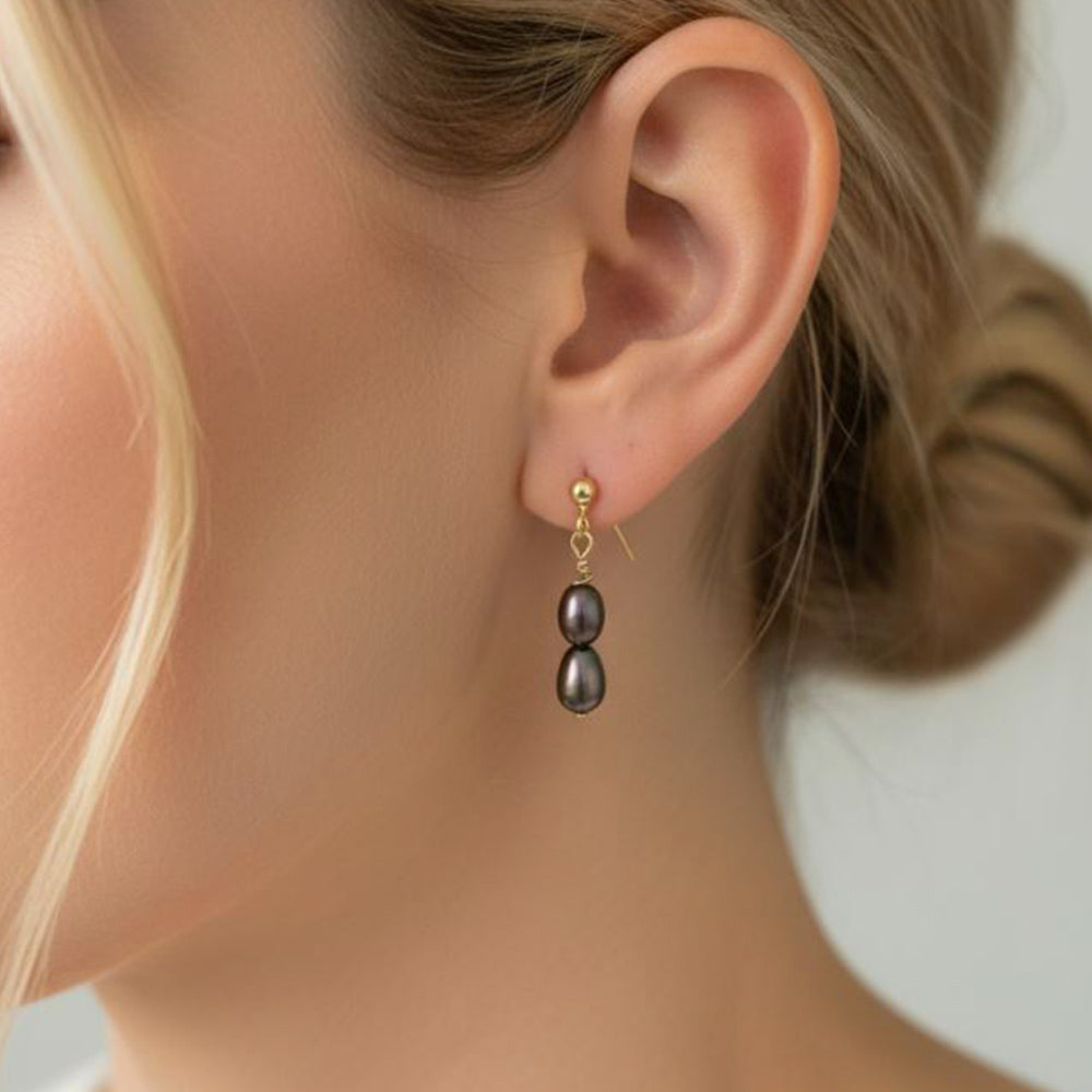 Fleur Céleste Stud Black Double Pearl Drop Earrings