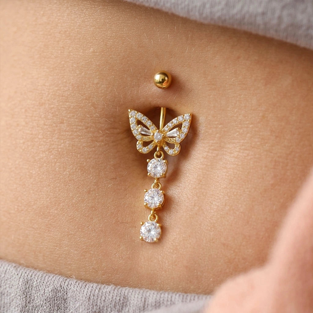 Silver Surgical Steel Crystal  Butterfly Belly Piercing