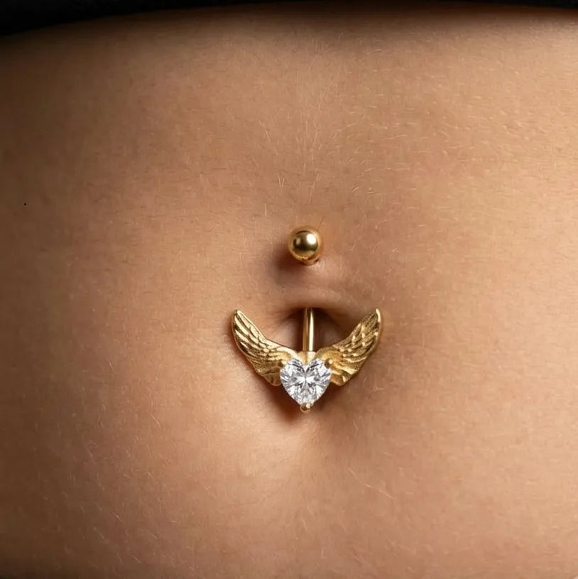 Gold Surgical Steel Crystal Heart Angel Wing Belly Button Piercing