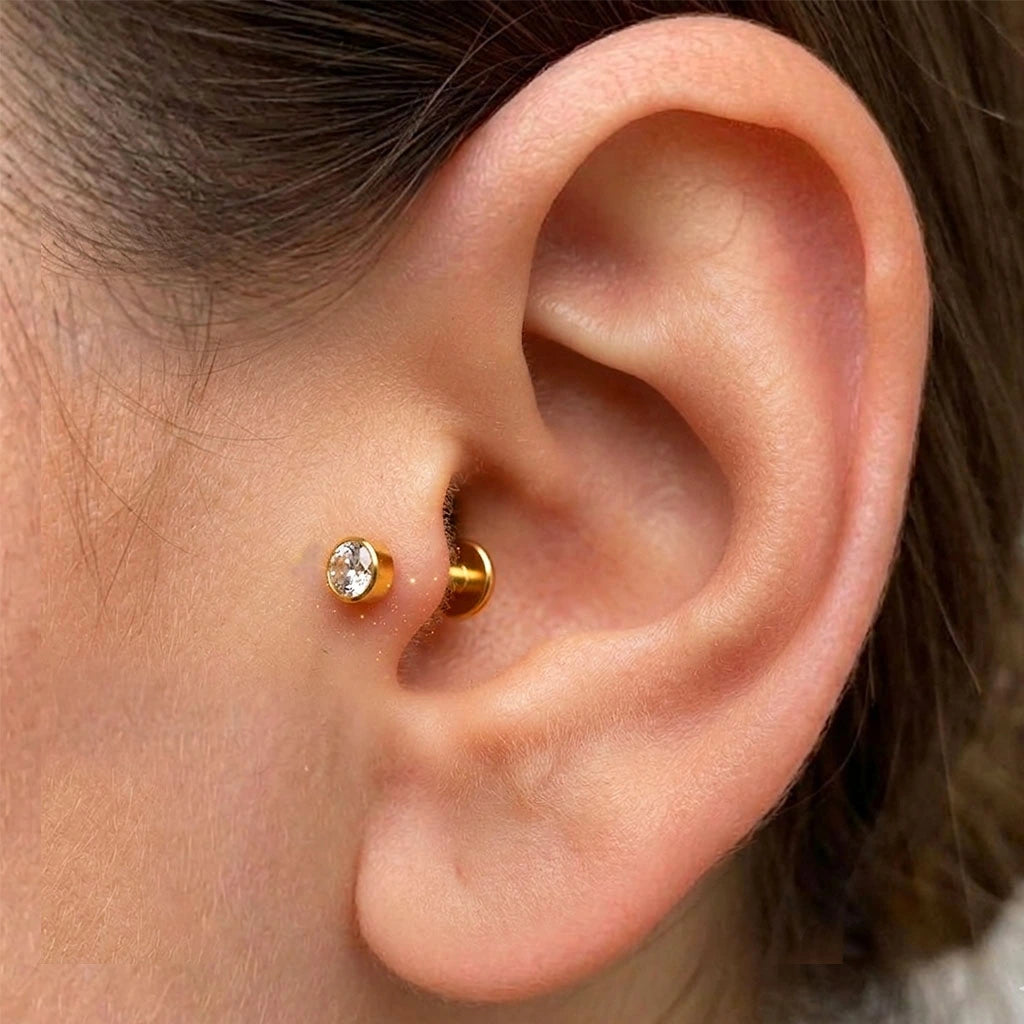 Crystal CZ Titanium Tragus Piercing | Flat Back Labret Stud | 6mm 8mm 10mm 12mm