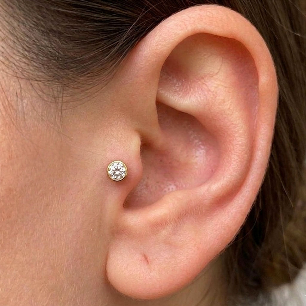 Close-up of an ear with a diamond stud earring.