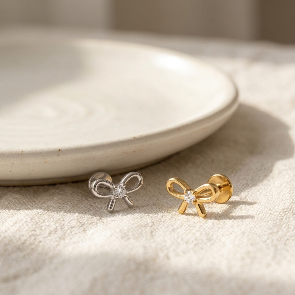 Bow CZ Tragus Piercing | Crystal Flat Back Labret Stud