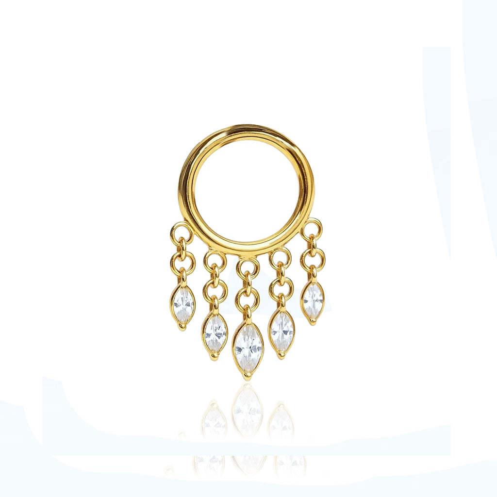 Gold nose ring with crystal drops on a white background