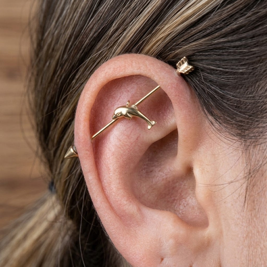 A close-up of a person's ear wearing a gold ear cuff with a dolphin design, along with small gold ear piercings, against dark brown hair.