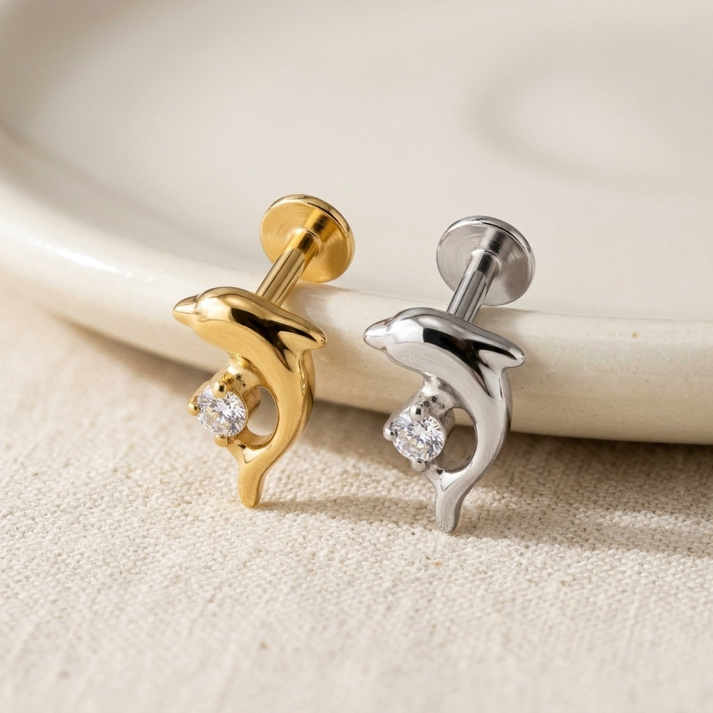 Dolphin CZ Tragus Piercing | Crystal Flat Back Labret Stud