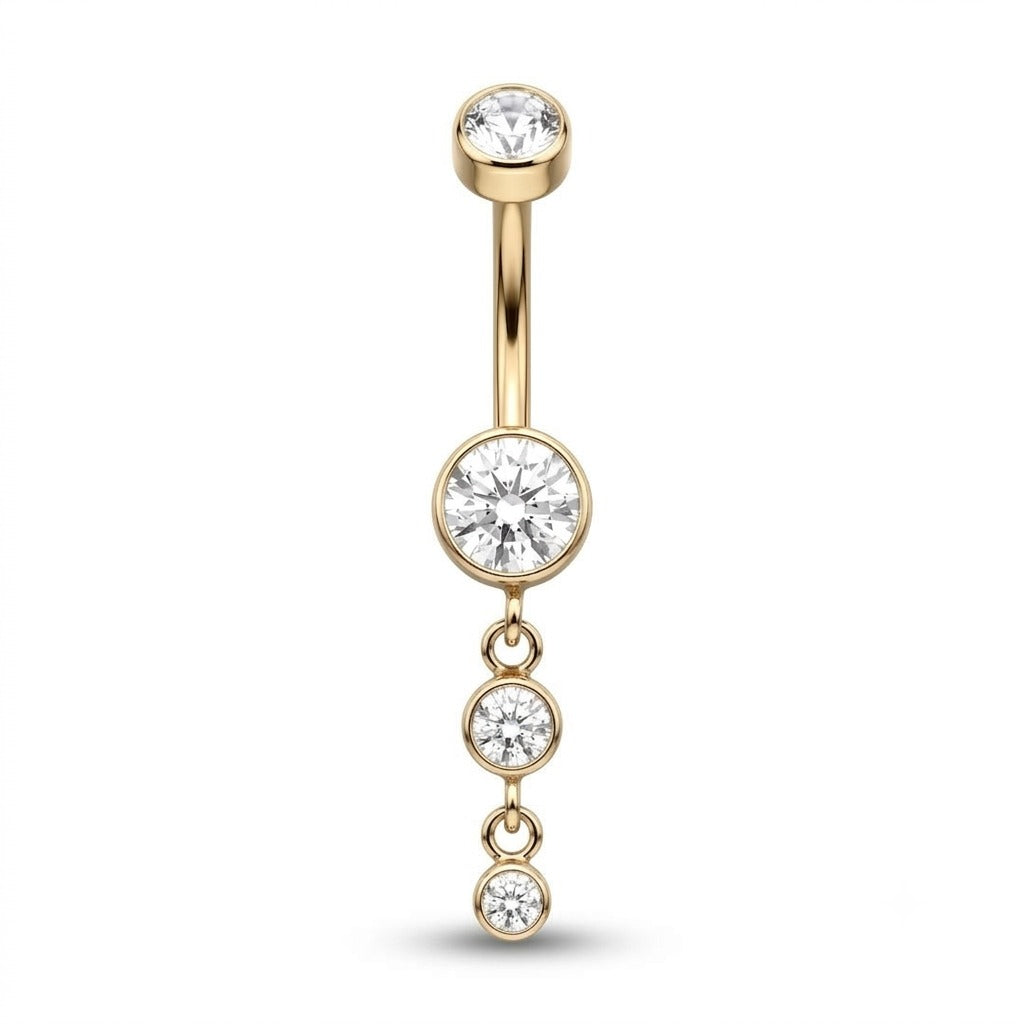 A gold-plated belly button ring with three dangling clear gemstones of varying sizes, shown on a solid white background.