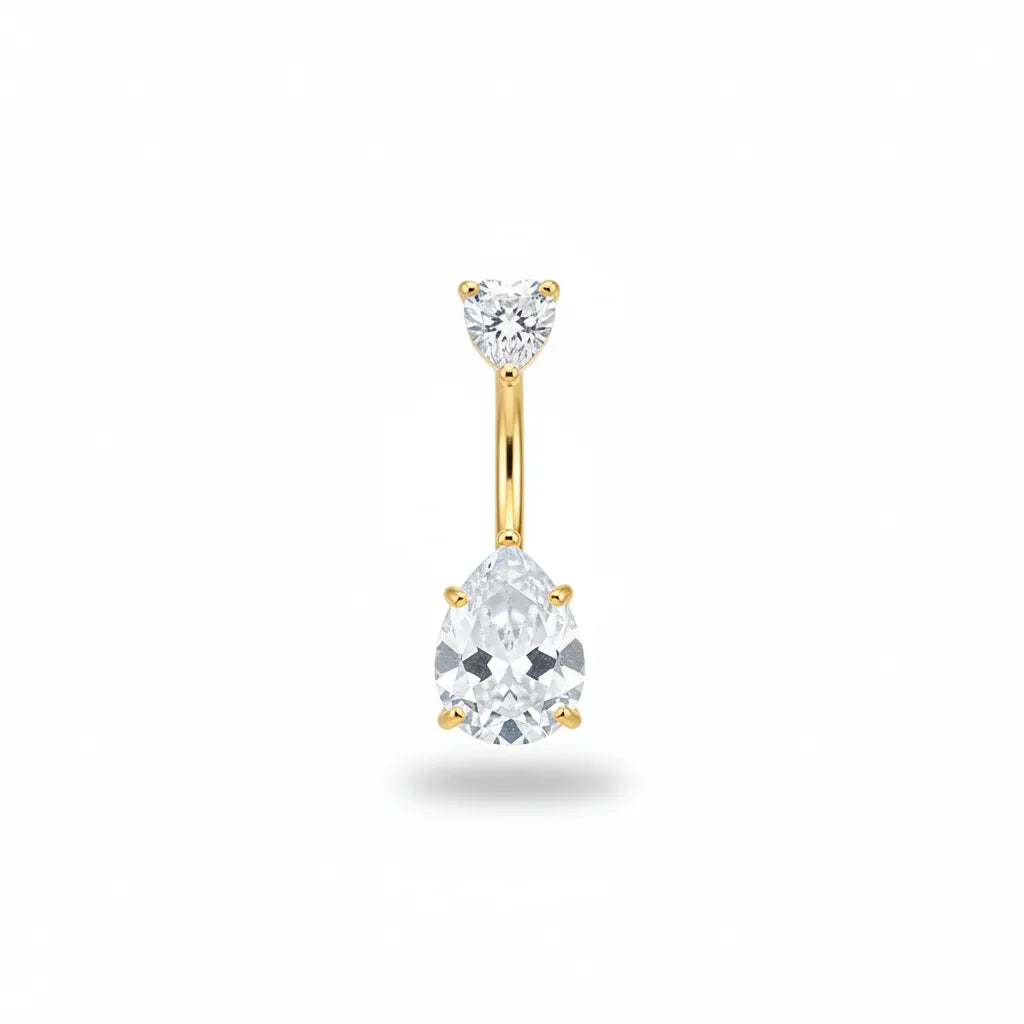 Gold earring with clear gemstones on a white background