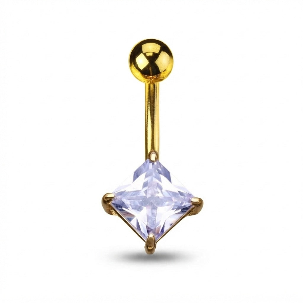 A gold-plated navel barbell piercing with a faceted clear gemstone dangling at the bottom, set against a plain white background.