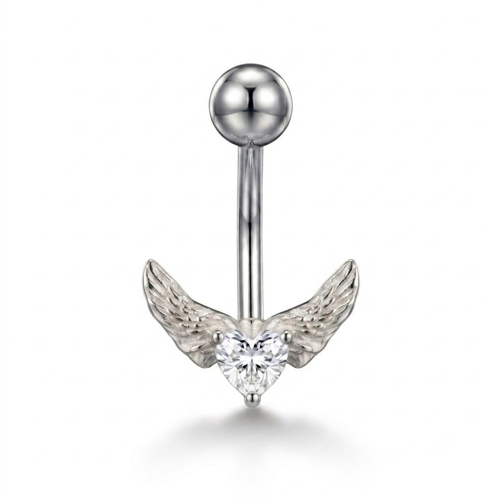 Gold Surgical Steel Crystal Heart Angel Wing Belly Button Piercing