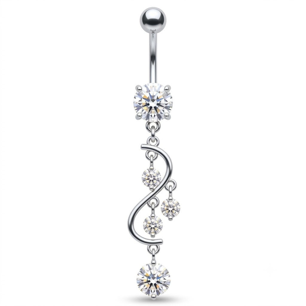 A silver-toned belly button ring featuring a curved infinity symbol design adorned with clear cubic zirconia gemstones, set against a plain white background.