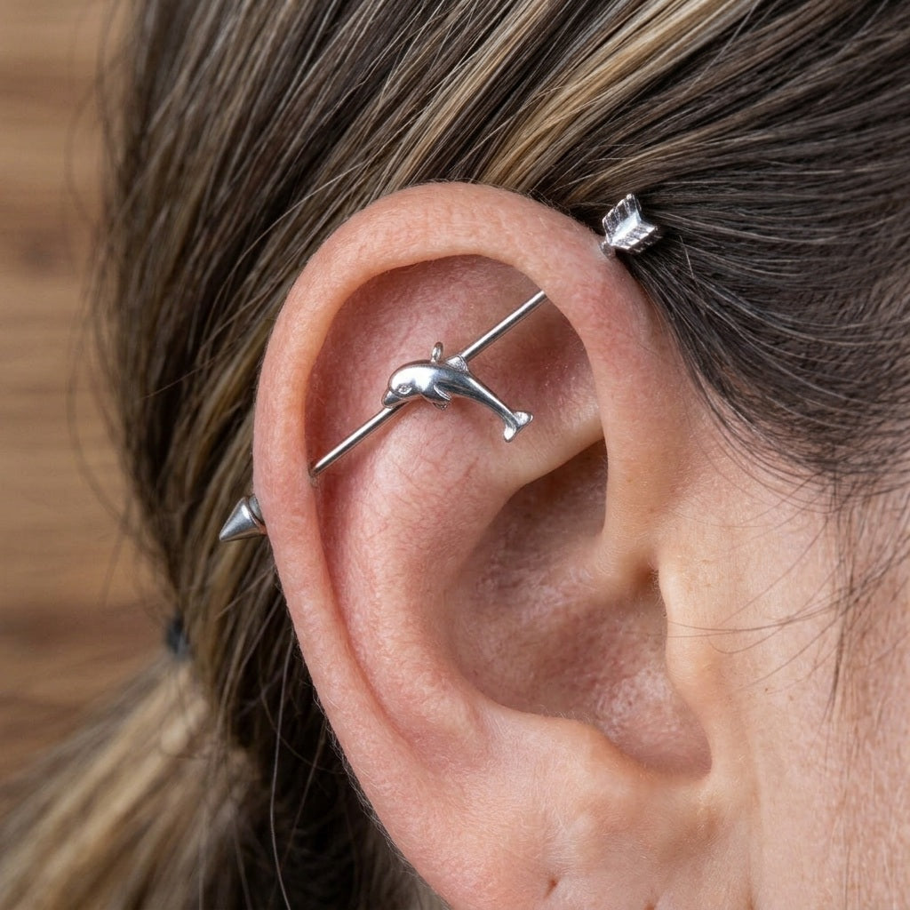 Close-up of a person's ear wearing silver ear piercings, including a dolphin-shaped cartilage barbell and a small butterfly stud in the lobe, with brown hair visible.