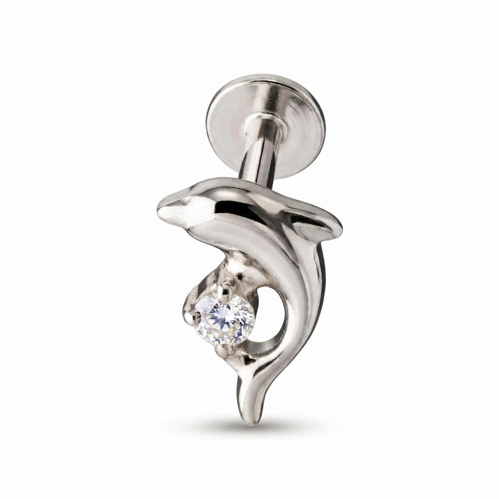 Dolphin CZ Tragus Piercing | Crystal Flat Back Labret Stud