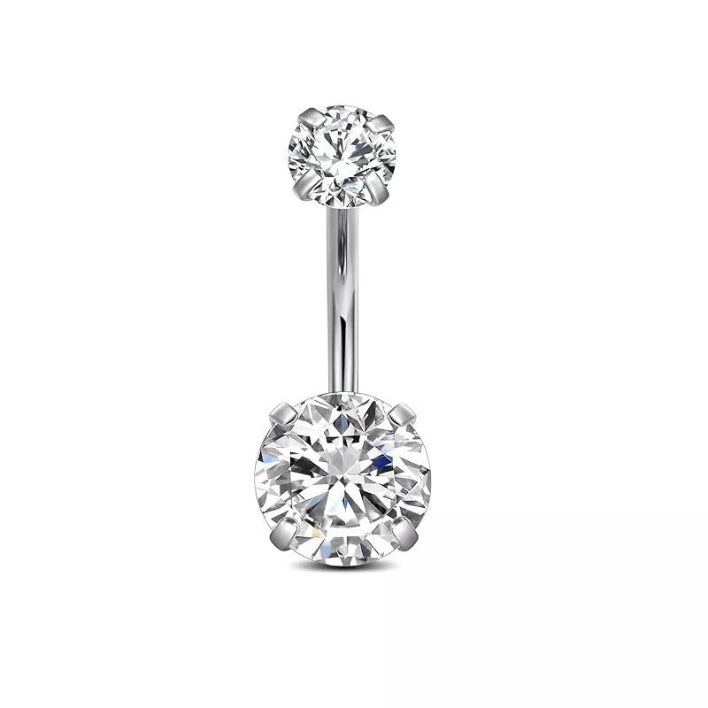 A surgical steel belly bar with a double cubic zirconia design.