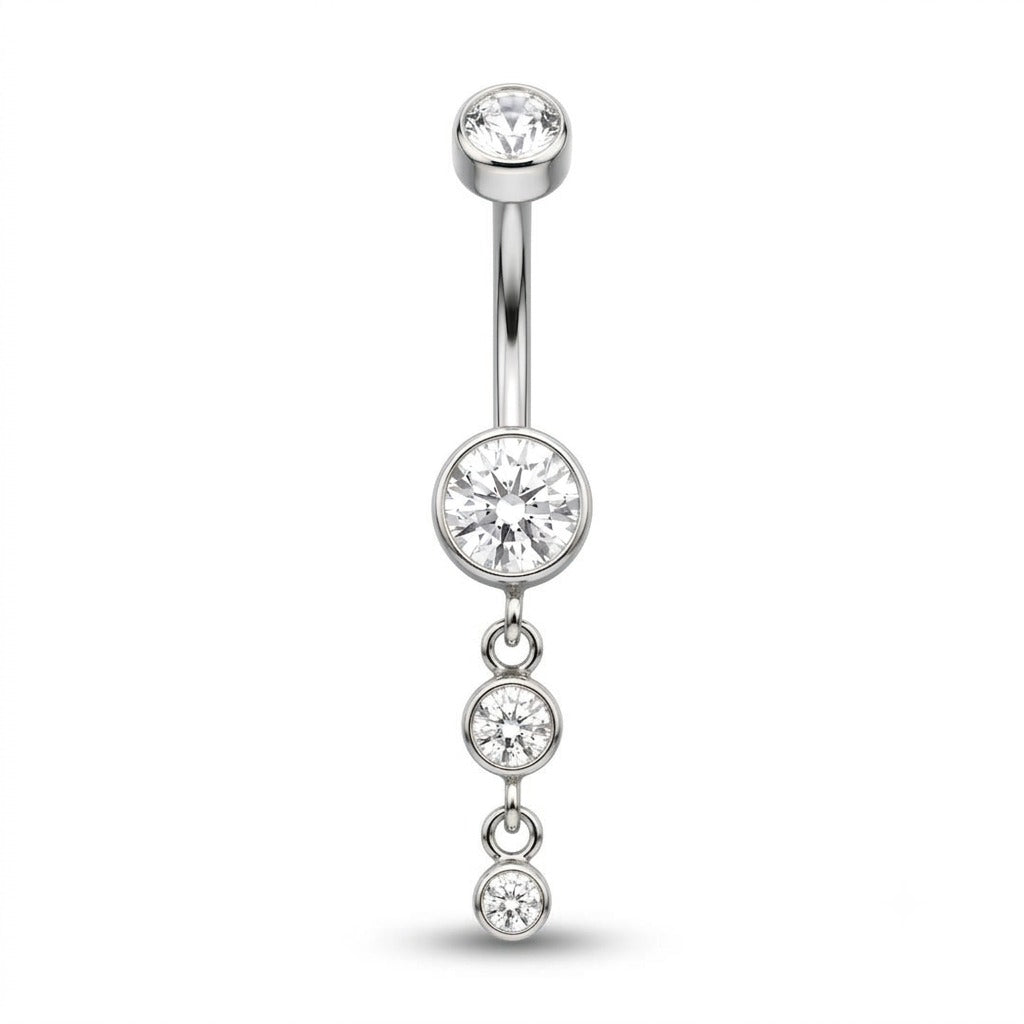 A silver-toned vertical barbell belly button ring with four clear round-cut gemstones of varying sizes, set against a plain white background.