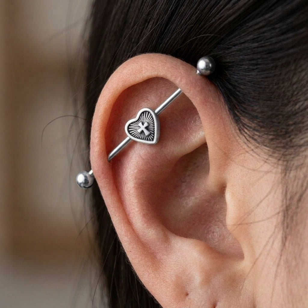 Heart Cross Industrial Bar  | 316L Surgical Steel Bridge Piercing