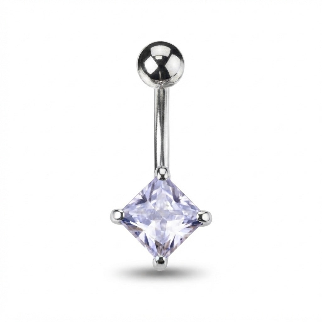 A silver-toned labret piercing barbell with a clear, faceted square gemstone dangling at the end, shown on a plain white background.