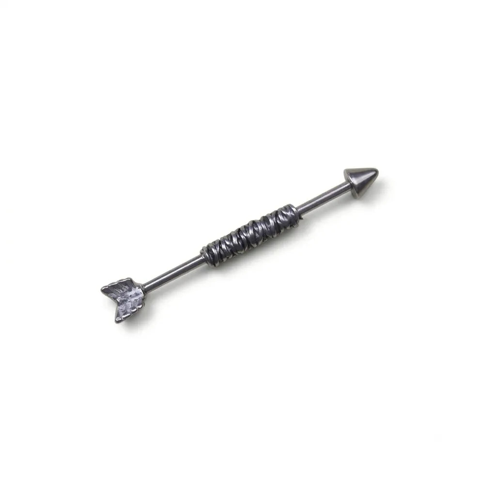 Metallic arrow-shaped object with a pointed tip on a white background
