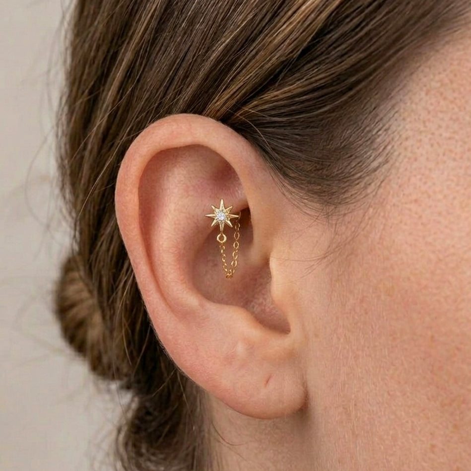 North Star Chain CZ Tragus Piercing | Crystal Flat Back Labret Stud