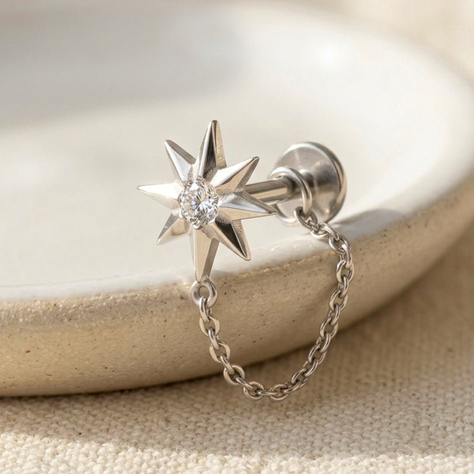 North Star Chain CZ Tragus Piercing | Crystal Flat Back Labret Stud