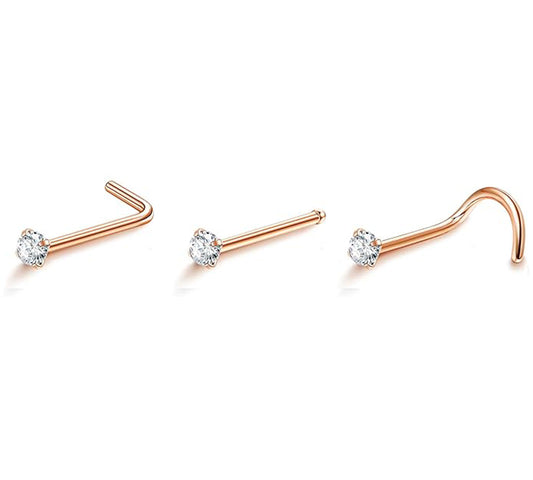 3 Pack Nose & Nostril Piercing Jewellery Set Rose Gold