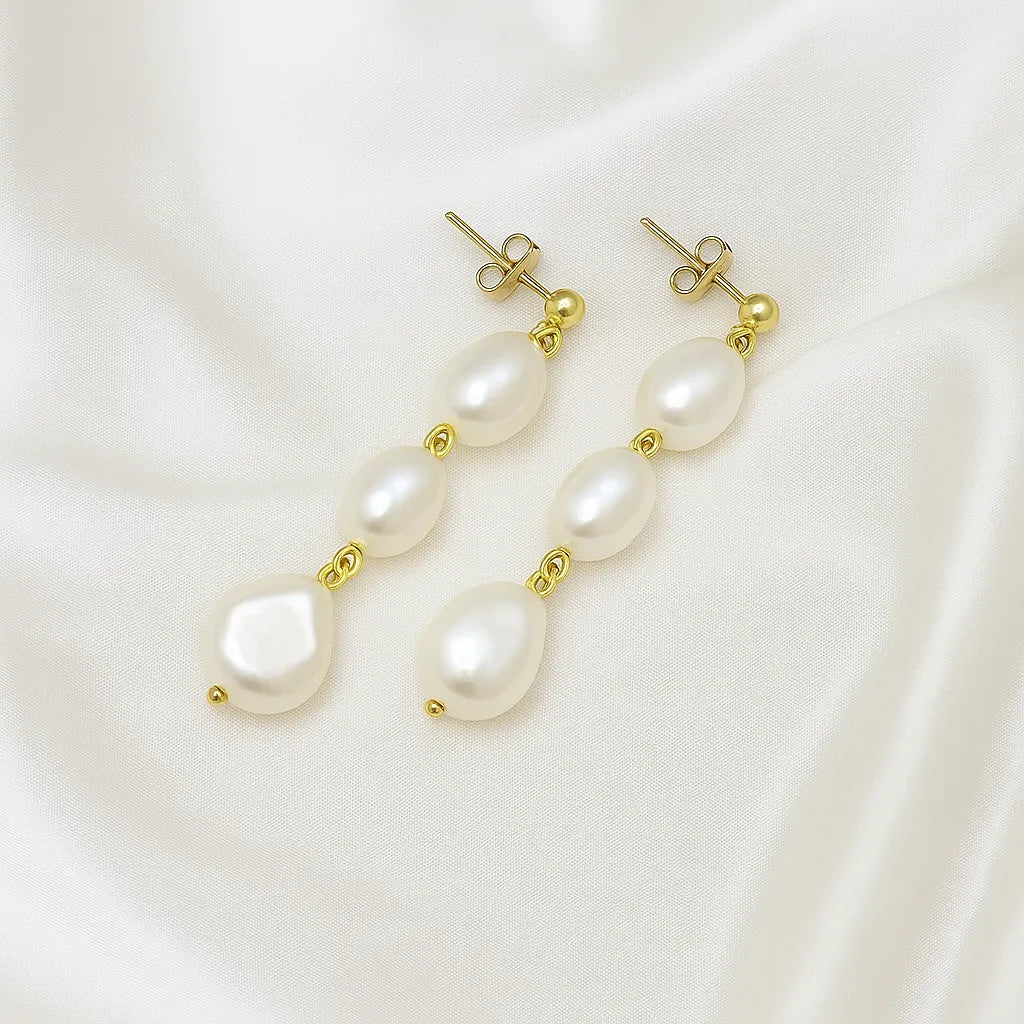 Reine Perla Stud Three Pearl Drop Earrings
