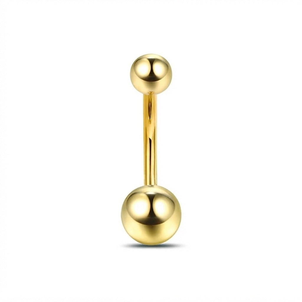 A single gold-tone curved barbell stud piercing with two polished spherical beads, shown vertically against a plain white background.