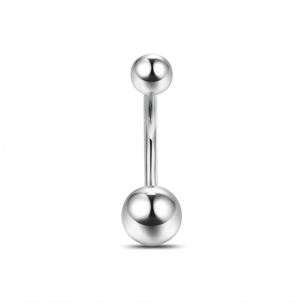 A polished stainless steel barbell piercing jewelry piece with spherical end beads, shown vertically against a plain white background.
