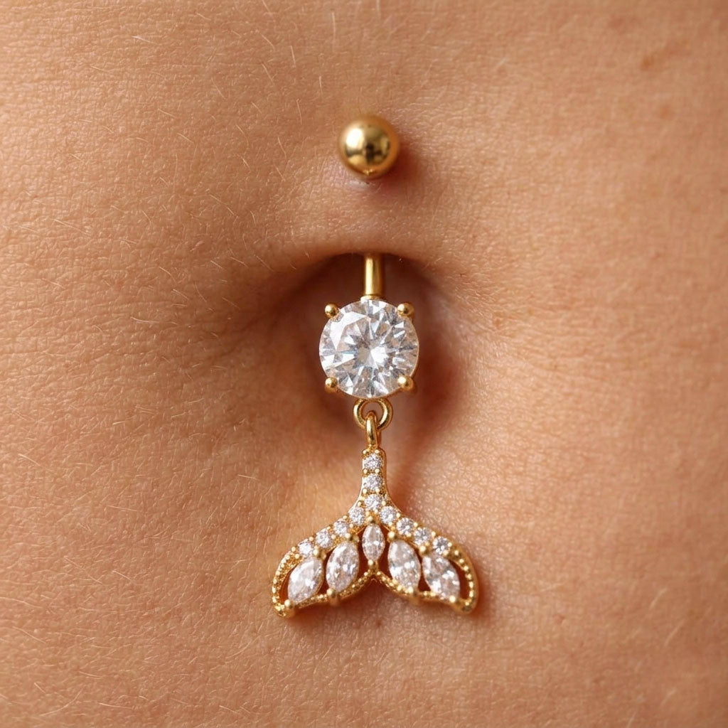 Gold Plated Surgical Steel Crystal Tail Belly Piercing