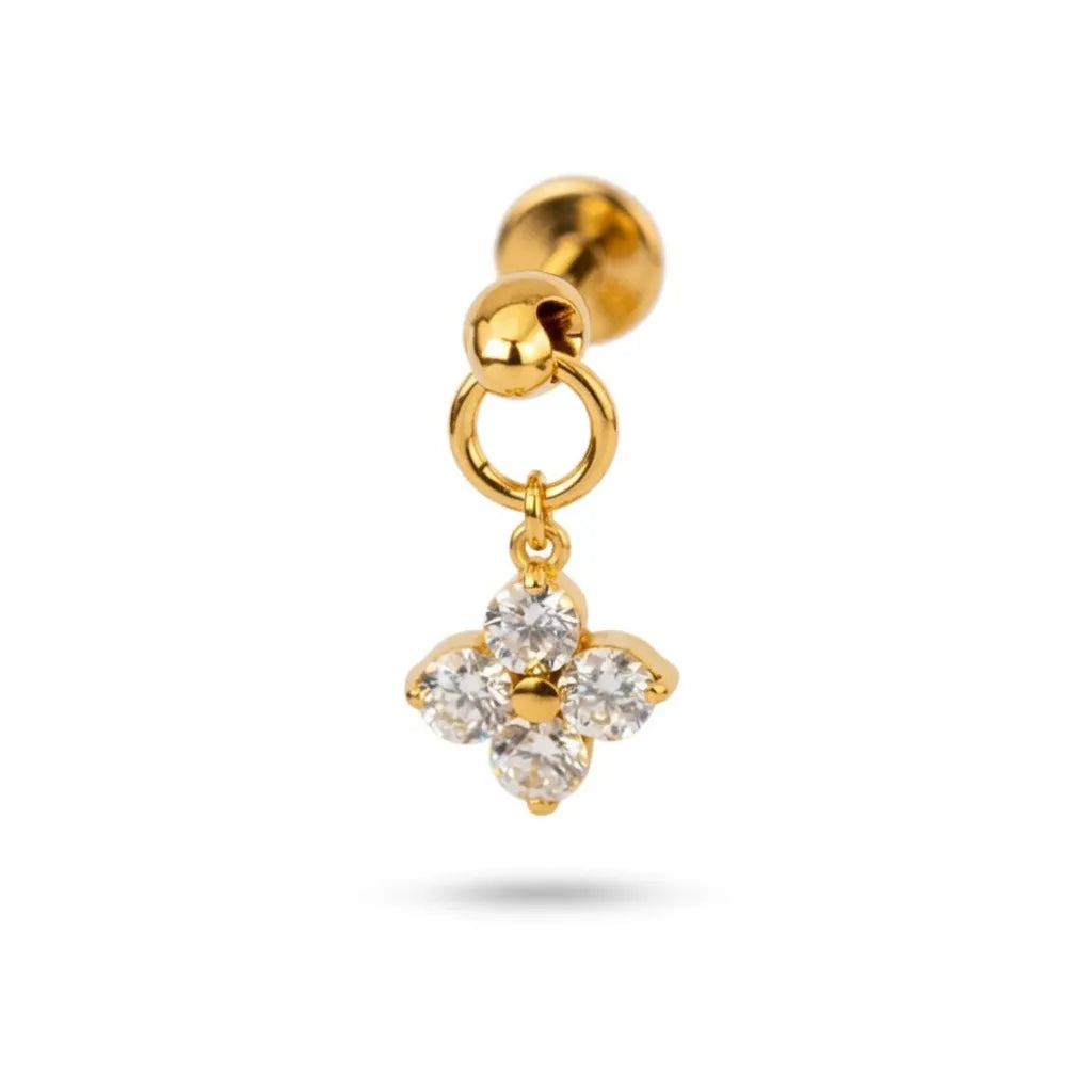 G23 titanium gold ball-back labret stud with four-petal CZ flower dangle charm