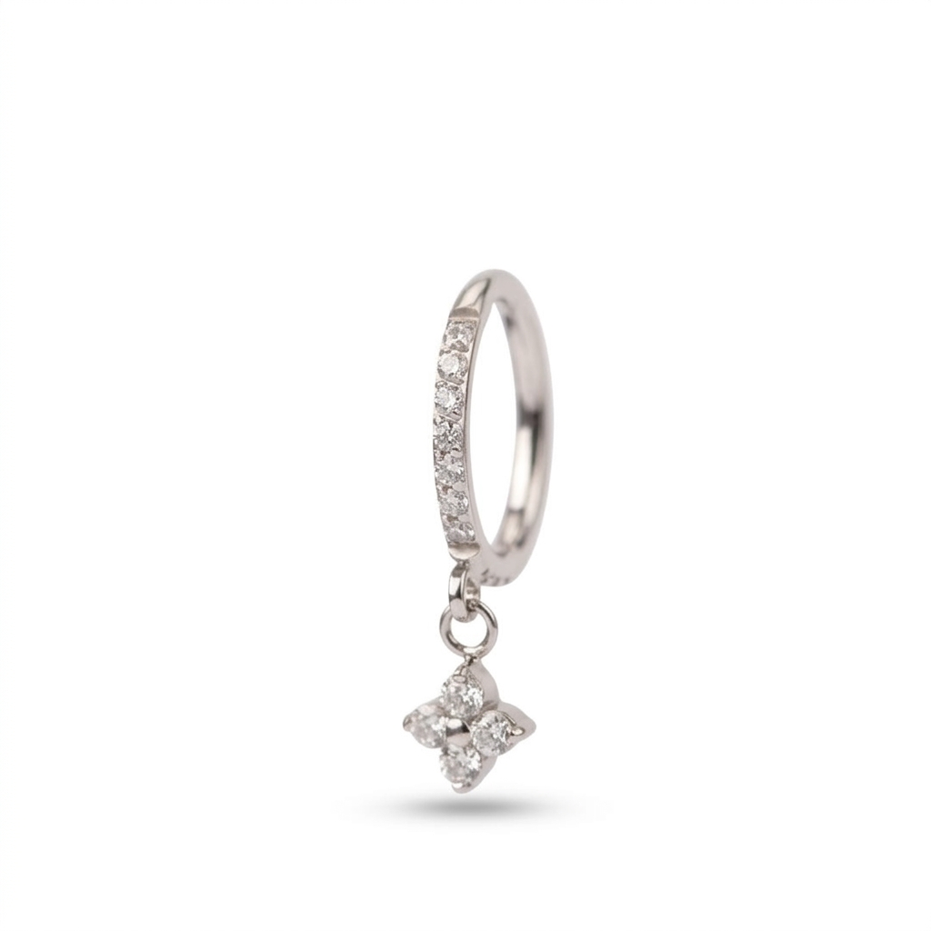 G23 titanium silver pavé hoop piercing ring with four-petal CZ flower charm, 8mm 1.2mm gauge