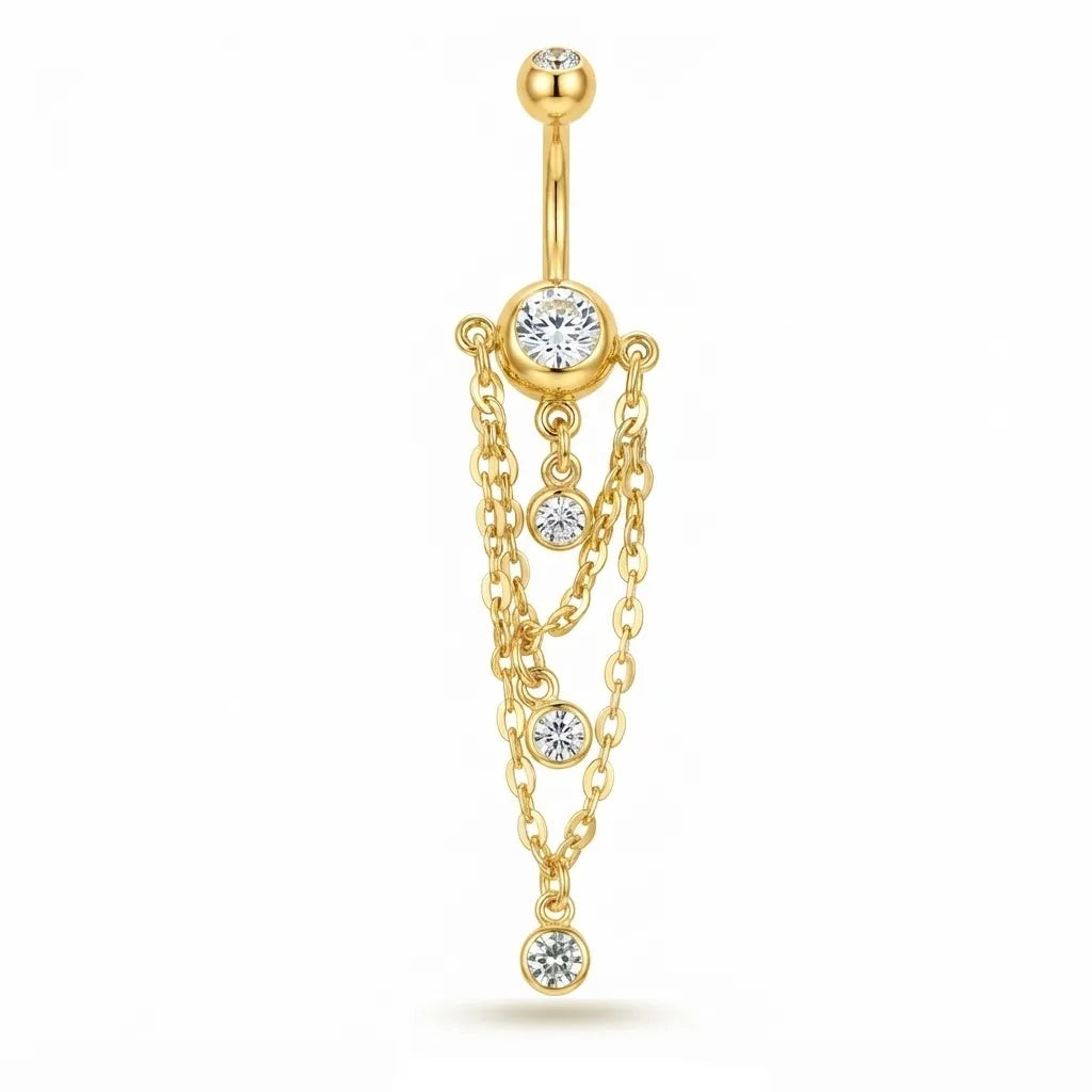 Double Drop Chain Cubic Zirconia Belly Bar | 10mm Navel Piercing