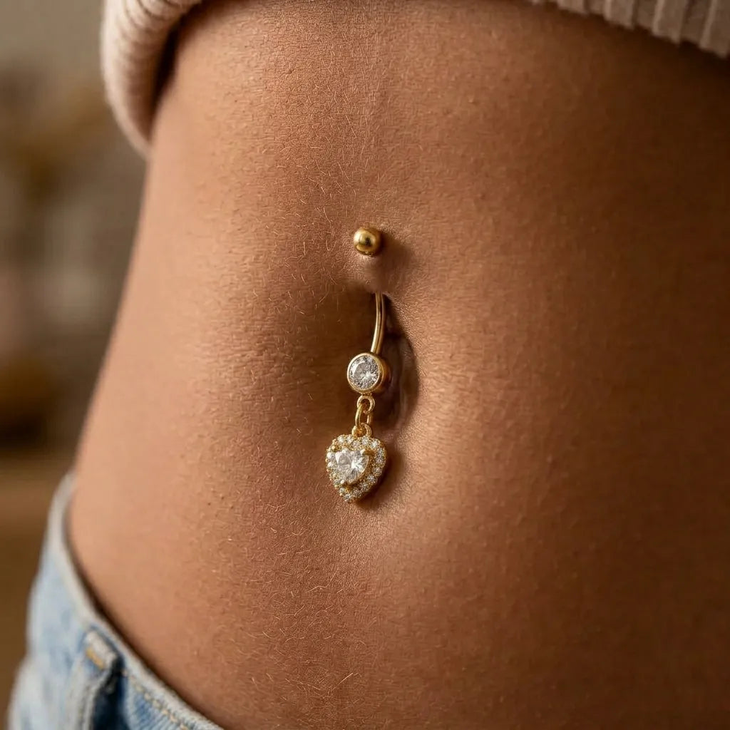 Crystal Heart Dangle Belly Bar - 316L Surgical Steel Navel Piercing